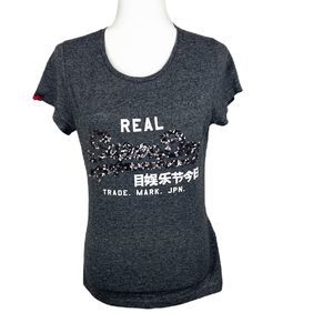 Vintage Superdry Shirt Women Medium Grey Sequined Spellout Short Sleeve Tee